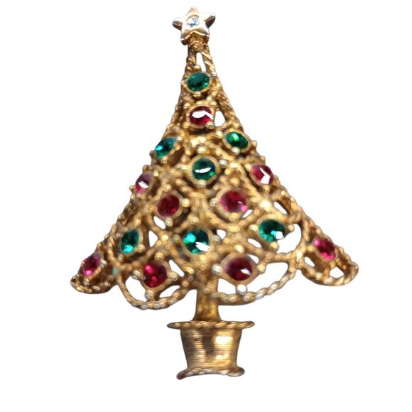 Eisenberg Ice Vintage Christmas Tree Pin Brooch Gold Tone Red Green - Picture 1 of 2